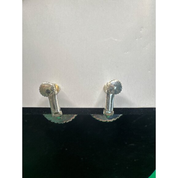 Vintage Silver-Tone Clip-On Earrings With Green Stone Accents - Picture 2 of 3